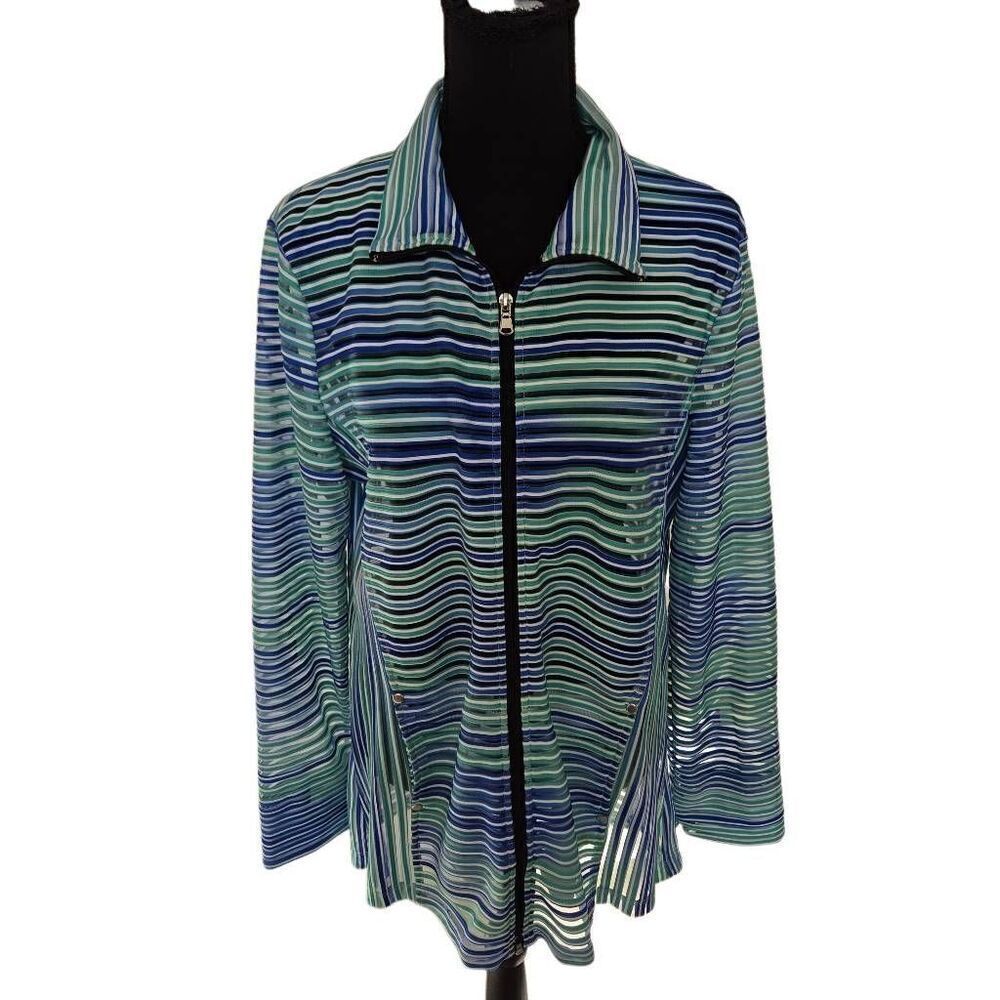 Erin London Womens Striped Full Zip Hi-Low Semi-Sheer Jacket Blue Aqua Medium